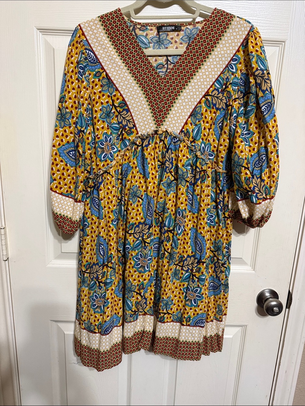 Bohemian V-Neck Midi Dress in Mustard Yellow with Blue Floral Print